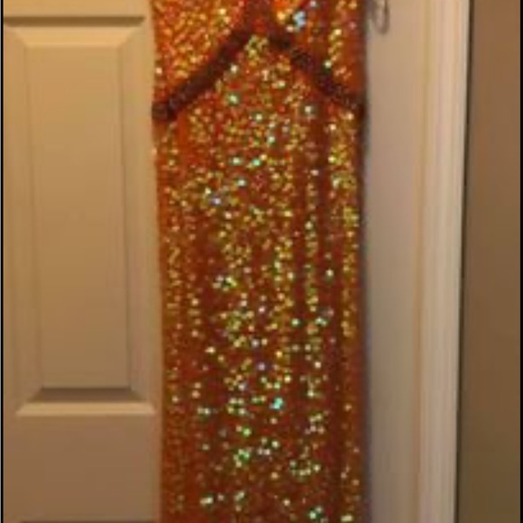 Beautiful beaded, coral prom, dress, fitted at waist, spaghetti straps. - Picture 3 of 9